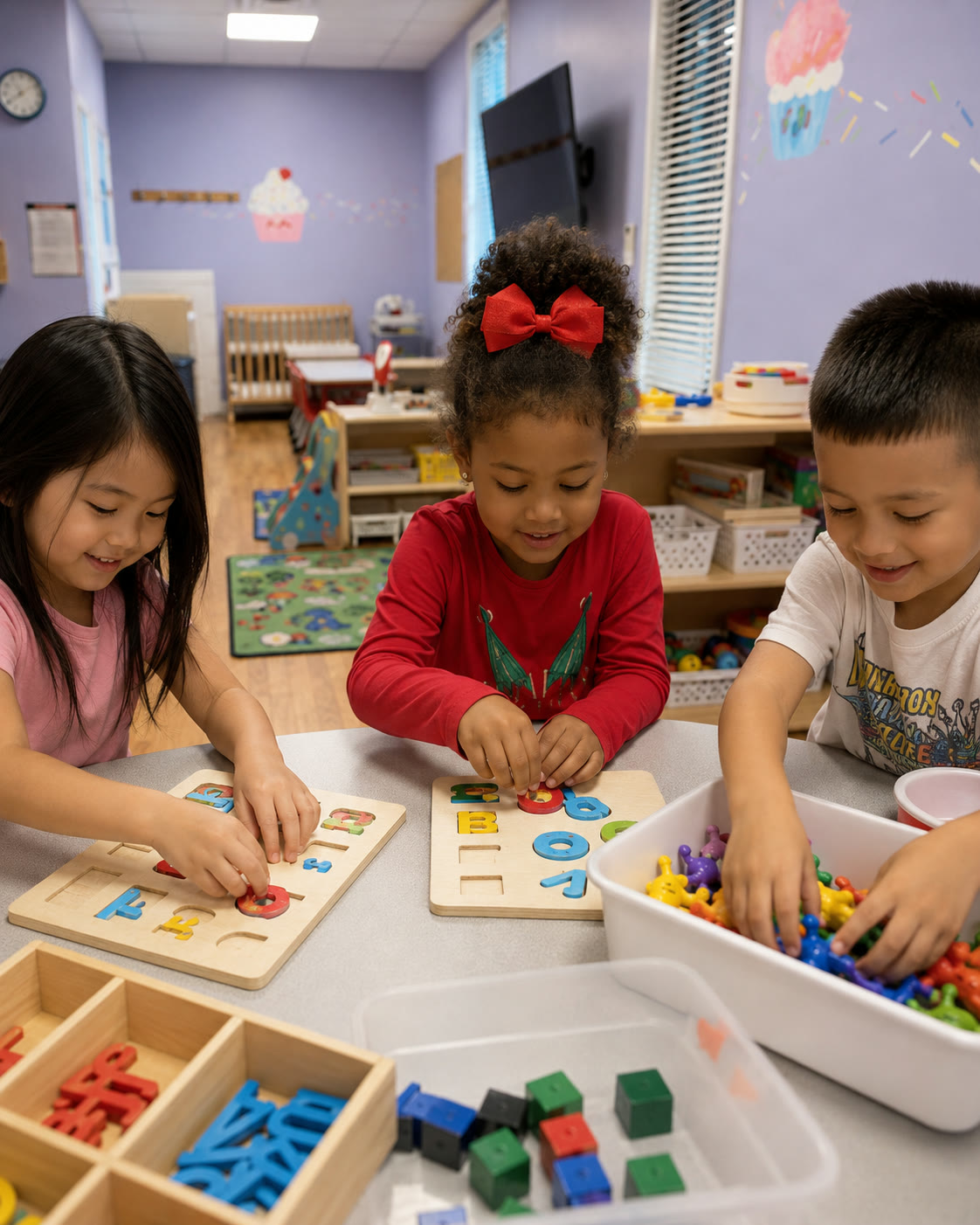 Pre-K children playing with letters and toys in classroom