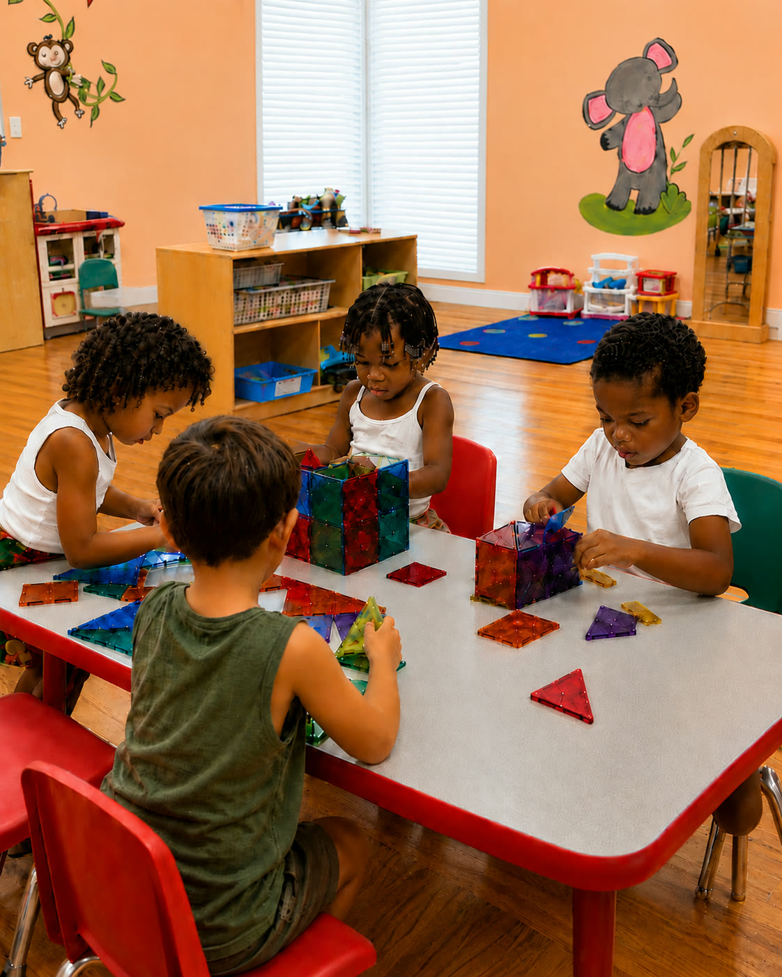 Preschool children playing with toys on a table