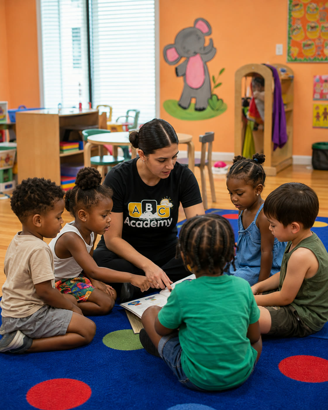 ABC Academy teacher interacting with preschool children during a reading session