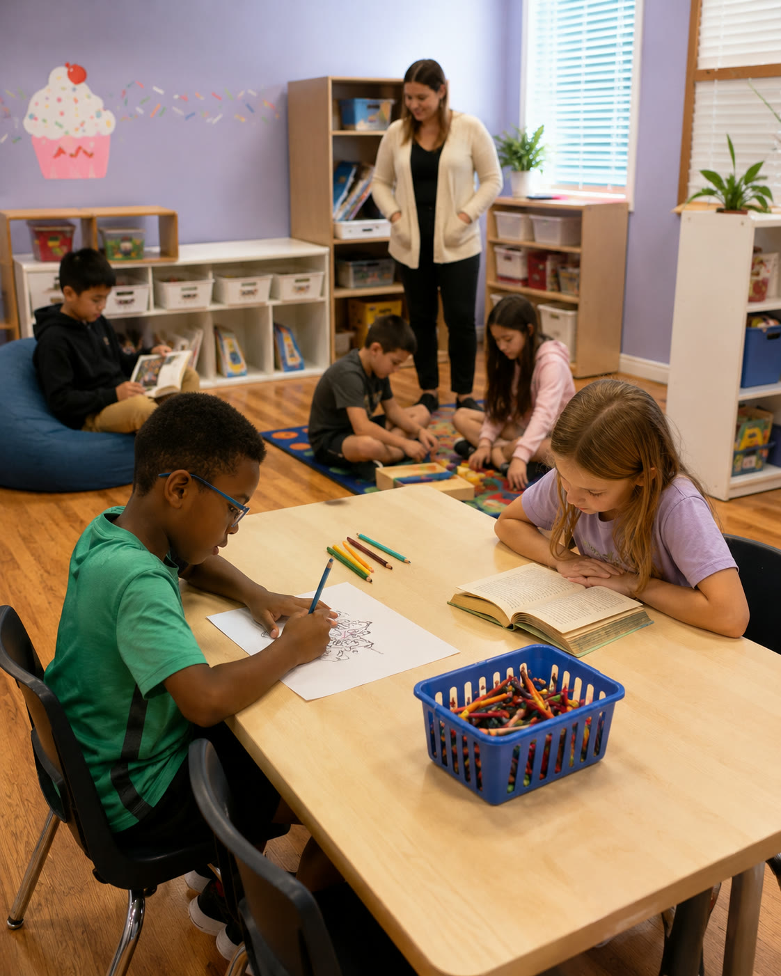 School-age children drawing, reading, and playing with toys