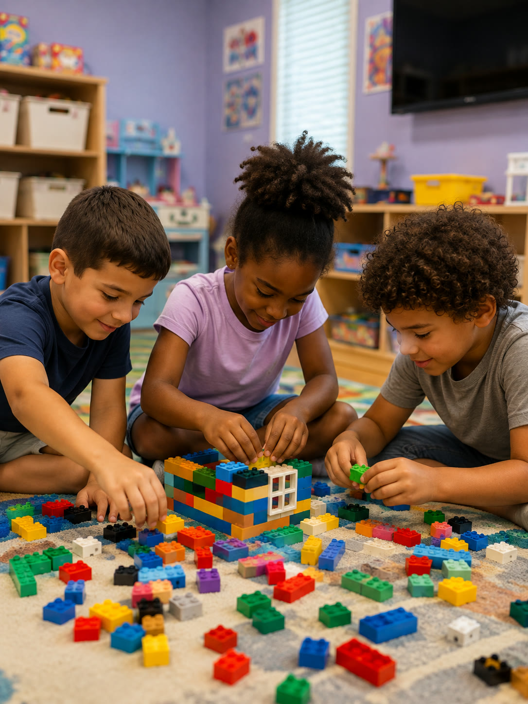 School-age children playing with building block toys
